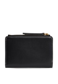 Μαύρο δερμάτινο πορτοφόλι με λεία υφή, κλείσιμο με φερμουάρ και λευκή αντίθετη ραφή στα άκρα. Συμπαγής ορθογώνιο σχήμα.