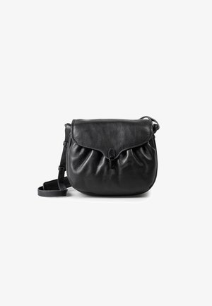 Black leather crossbody bag with a rounded shape, pleated front, flap closure, and a detachable strap for adjustable length.