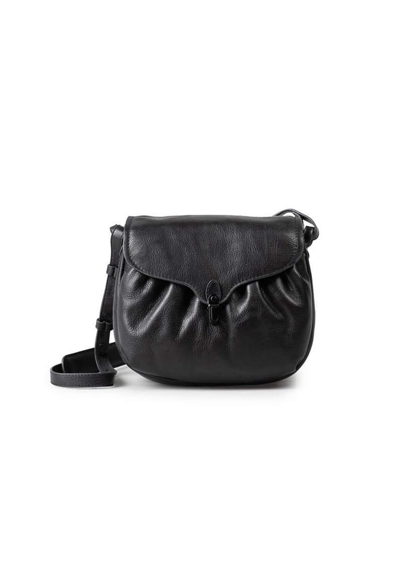 Borsa a tracolla in pelle nera con forma arrotondata, frontale plissettato, chiusura a patta e tracolla staccabile per lunghezza regolabile.