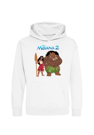 Hvid hættetrøje med teksten "Moana 2" og illustrationer af Moana, der holder en pagaj, og Maui med tatoveringer og et bladskørt på forsiden.