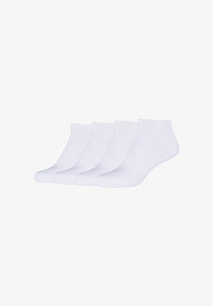 Chaussettes blanches à la cheville en vrac de quatre, fabriquées en mélange de coton, dotées d'un poignet côtelé et d'une texture lisse sans motifs visibles.