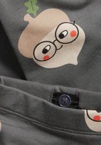 Harmaa kangas, jossa on hahmosuunnittelu tammenterhosta, jossa on silmälasit, vaaleanruskeita väriakentteja ja sininen napitus.