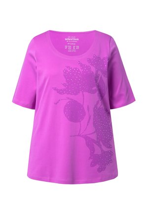 Paarse katoenen t-shirt met korte mouwen, met een bloemenontwerp met metallic accenten. Soepele textuur. Ronde halslijn.