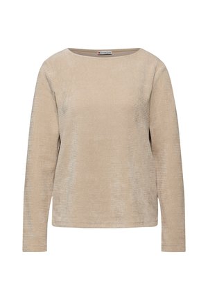 Béžový top s dlouhým rukávem vyrobený z ribbovaného materiálu se širokým dekoltem a volným střihem. Bez viditelných vzorů nebo ozdob.