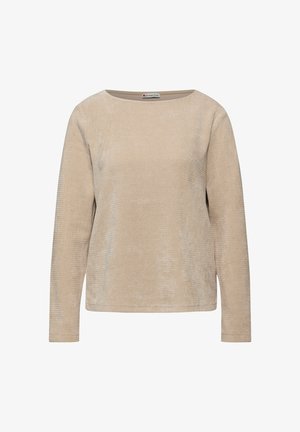 Beige long-sleeve top made of ribbed fabric with a wide neckline and a relaxed fit. No visible patterns or embellishments.