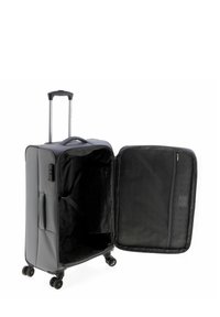 Maleta rígida gris con asa retráctil, cuatro ruedas y bolsillos interiores con cremallera. El interior cuenta con un forro duradero y correas para asegurar los objetos.