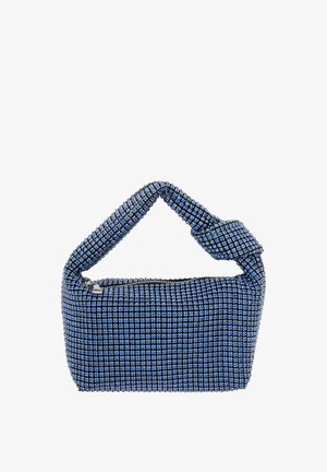 Blaues, mit Pailletten besetztes Handtasche mit einem gedrehten Griff, rechteckiger Form, Reißverschluss und gitterartigem Muster. Strukturiert Oberfläche mit metallischen Akzenten.