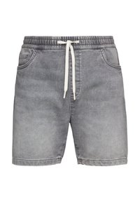 Szare szorty dżinsowe o miękkiej fakturze, z elastycznym pasem, sznurkiem ściągającym oraz bocznymi kieszeniami. Posiadają wyblakły wzór, co nadaje im swobodny wygląd.