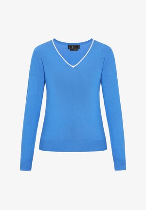 Modrá dlhosrstvá mikina s výstrihom do v. Biela kontrastná obruba, rebrované manžety a lem. Vyrobená z mäkkého materiálu s hladkou textúrou.