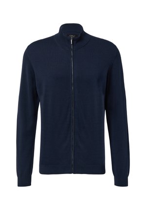 Marineblauwe, rits-jas gemaakt van zacht gebreid materiaal. Bevat een hoge kraag en aansluitende manchetten, met een gladde textuur en minimale details.