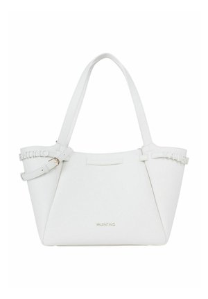 White leather Valentino tote bag with double handles, adjustable side straps, and embossed brand name on front and sides.