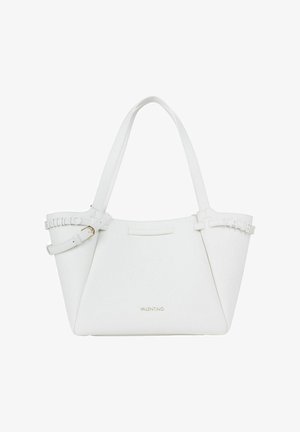 Sac cabas Valentino en cuir blanc avec doubles poignées, sangles latérales ajustables, et nom de la marque embossé à l'avant et sur les côtés.