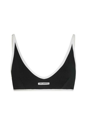 Zwarte bralette met witte bies en dunne bandjes, met een klein rechthoekig Karl Lagerfeld logo-patch in het midden van de voorband.