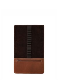 Leather tool roll with multiple small elastic loops down the center and a brown zippered pocket at the bottom.