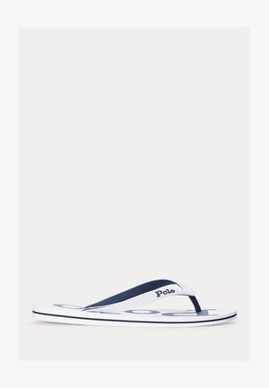 White and navy flip-flop sandal with "Polo" logo on the strap and sole, showing a side view on a plain light background.