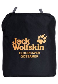 Zwarte stoffen tas met oranje "Jack Wolfskin" logo en tekst "FLOORSAVER GOSSAMER." Inclusief twee grijze lussen aan de bovenkant.