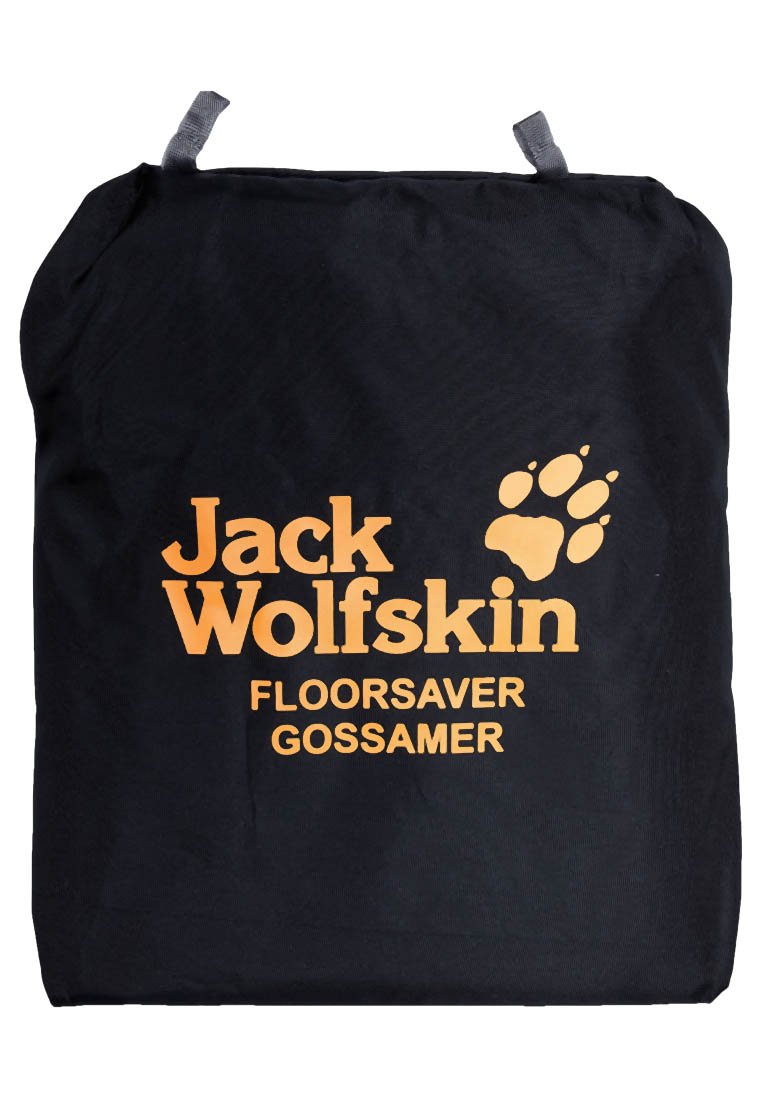 Zwarte stoffen tas met oranje "Jack Wolfskin" logo en tekst "FLOORSAVER GOSSAMER." Inclusief twee grijze lussen aan de bovenkant.