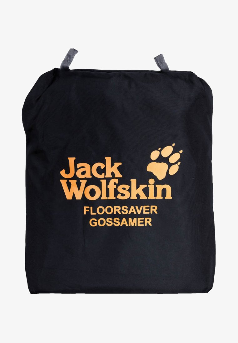 Zwarte stoffen tas met oranje "Jack Wolfskin" logo en tekst "FLOORSAVER GOSSAMER." Inclusief twee grijze lussen aan de bovenkant.