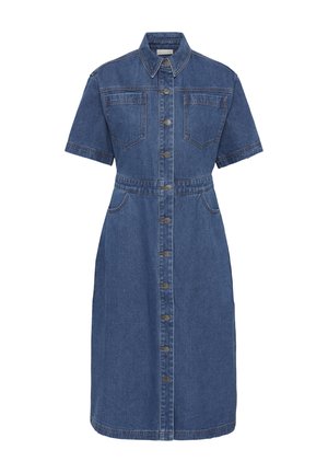 Mid-length blue denim dress with short sleeves, front button closure, pointed collar, chest pockets, and seam details at waist and hips.