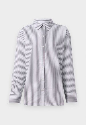 Srajca z dolgimi rokavi, gumbom na sprednji strani, v navpičnih vijoličnih črtah, s puščičasto ovratnico in širokimi črtastimi manšetami na svetli podlagi.