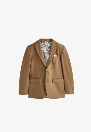 Brauner Blazer aus strukturiertem Stoff, mit einem Reverskragen, zwei Fronttaschen und einem gemusterten Innenfutter mit geometrischen Formen.