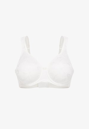 Soutien-gorge blanc au toucher lisse, présentant un motif de feuilles subtil, avec des bretelles ajustables et une fermeture à crochets dans le dos.