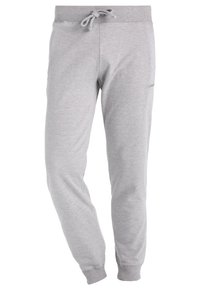 Gray sweatpants made of soft cotton blend, featuring an elastic waistband with drawstring, tapered legs, and ribbed cuffs.