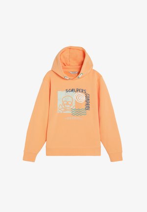 Oranger Kapuzenpullover mit Totenkopf- und Wellen-Grafik sowie dem Schriftzug "Scalpers Company" auf der Vorderseite.