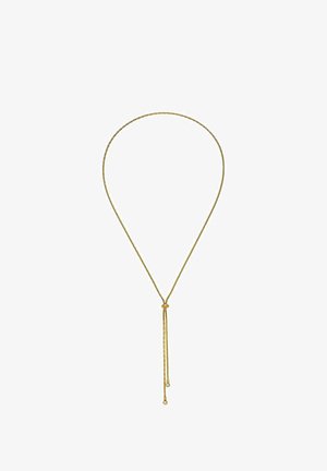 Goudkleurige lariat ketting met een dunne, gedraaide ketting, een centrale knoop en twee hangende strengen, die elk eindigen in kleine ronde accenten.
