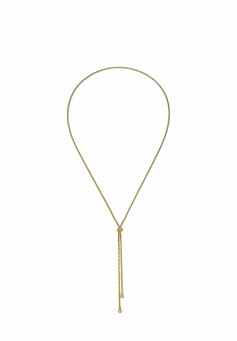 Halskette im Goldton mit einer dünnen, gedrehten Kette, die einen zentralen Knoten und zwei herabhängende Stränge aufweist, die jeweils in kleinen runden Akzenten enden.
