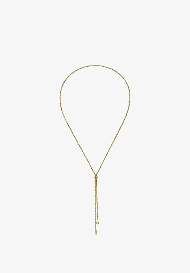 Halskette im Goldton mit einer dünnen, gedrehten Kette, die einen zentralen Knoten und zwei herabhängende Stränge aufweist, die jeweils in kleinen runden Akzenten enden.