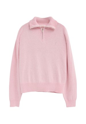 Hellrosa Langarm-Pullover mit halbem Reißverschluss am Kragen sowie gerippten Bündchen und Saum, aus weichem Strickstoff gefertigt.