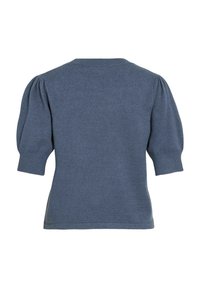 Pull en tricot bleu avec des manches bouffantes courtes, un col et des poignets côtelés, et une texture lisse. Design simple, sans motifs ni embellissements.