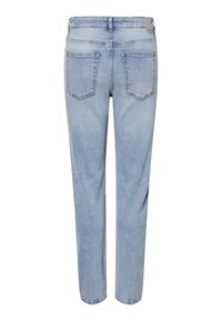 Light blue denim jeans with two back pockets, straight legs, and a brand label on the waistband, shown from the back.
