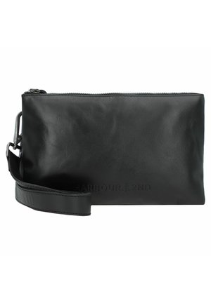 Pochette en cuir noir avec une texture lisse, fermeture à glissière et bandoulière détachable ; présente le logo embossé "HARBOUR 2ND" à l'avant.