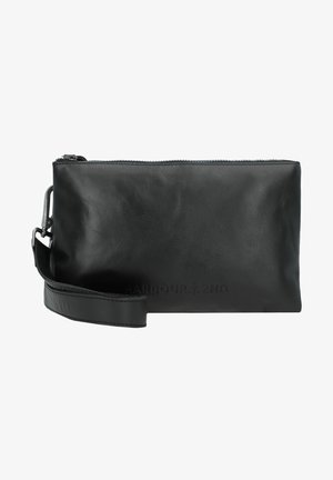 Pochette en cuir noir avec une texture lisse, fermeture à glissière et bandoulière détachable ; présente le logo embossé "HARBOUR 2ND" à l'avant.