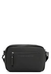 Borsa a tracolla nera realizzata in materiale liscio. Forma rettangolare con una tasca frontale con zip. Logo impresso sul lato. Cinghia regolabile.