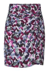 Polvimittainen hame, jossa on rypytetty sivusolmu ja abstrakti camouflage-kuvio purple-, mustan-, vihreän- ja valkoisen värin yhdistelmällä.
