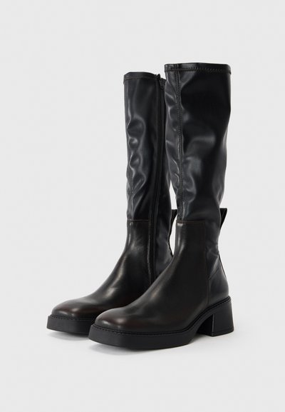 Black knee-high boots with a glossy finish, featuring a side zipper, chunky heel, and a smooth upper design. Stitched accents along the sole.