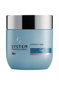 Barattolo azzurro chiaro contenente una maschera per capelli idratante, con coperchio argentato e etichetta "System Professional Hydrate Mask H3 Lipidcode", 200 ml.