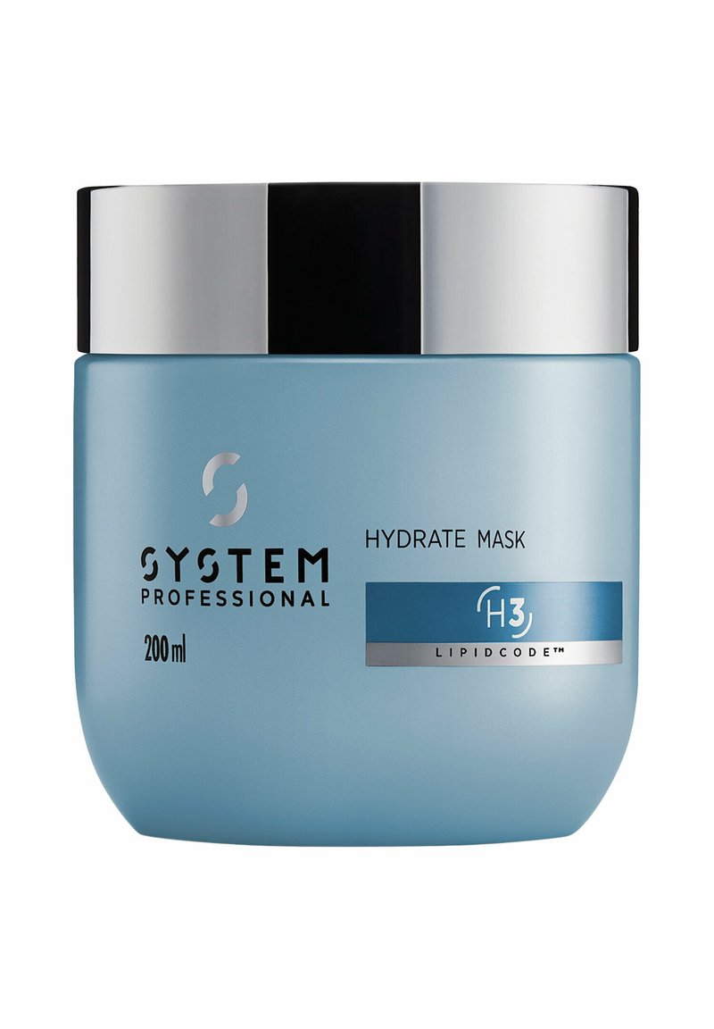 Barattolo azzurro chiaro contenente una maschera per capelli idratante, con coperchio argentato e etichetta "System Professional Hydrate Mask H3 Lipidcode", 200 ml.