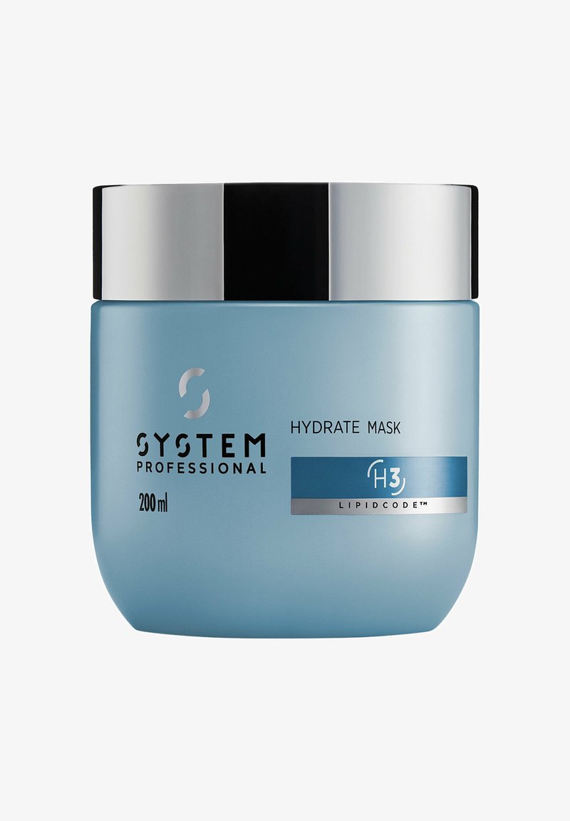 Barattolo azzurro chiaro contenente una maschera per capelli idratante, con coperchio argentato e etichetta "System Professional Hydrate Mask H3 Lipidcode", 200 ml.