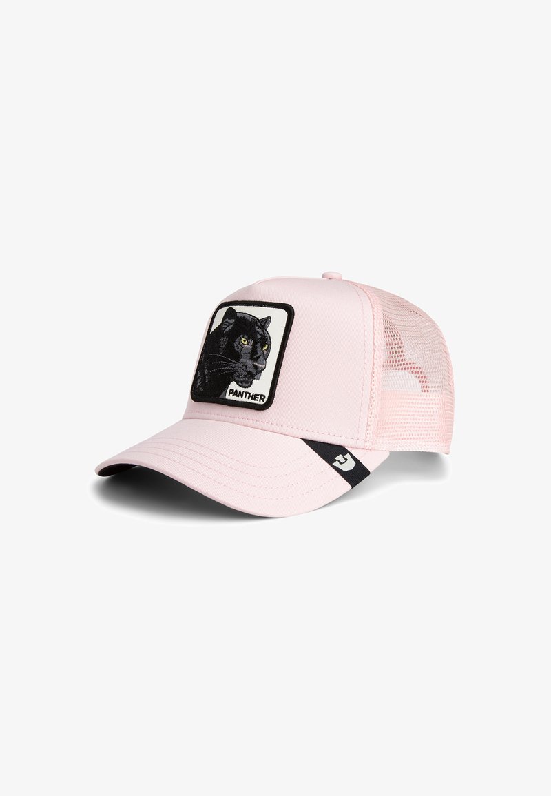 Gorra de béisbol rosa con un parche bordado de un pantera negra, parte trasera de malla, visera curva y un detalle negro en el lateral.
