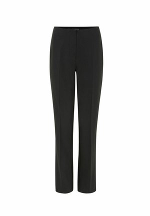 Zwarte maatwerk broek met een recht gesneden ontwerp, voorzien van een soepele, stretchy stof en een discrete voorknopsluiting voor een gestroomlijnde uitstraling.