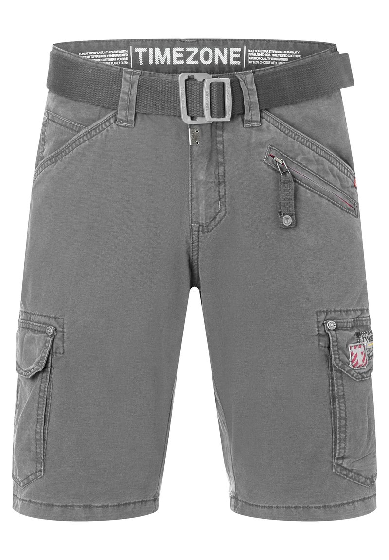 Gray cargo shorts with a textured finish, featuring a fabric belt, multiple pockets, and a logo patch on the leg.