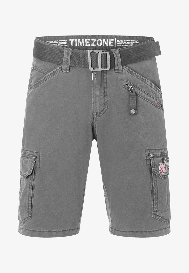 Gray cargo shorts with a textured finish, featuring a fabric belt, multiple pockets, and a logo patch on the leg.