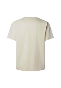 T-shirt à manches courtes et col rond en coton beige clair, avec une texture lisse et un design simple, présentant un ourlet arrondi et sans motifs.