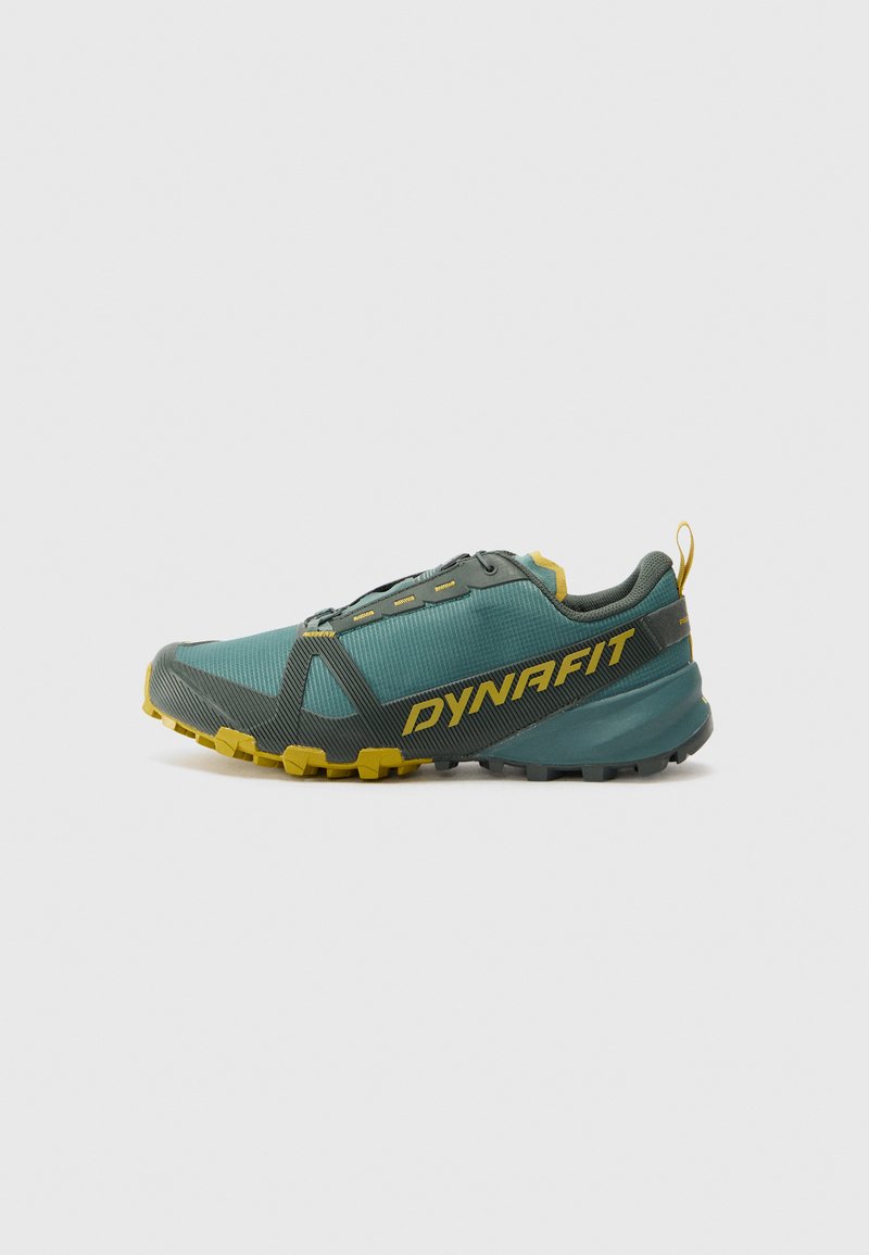 Teal and dark green trail running shoe with yellow accents, featuring a textured upper, durable outsole, and a pull tab at the heel.