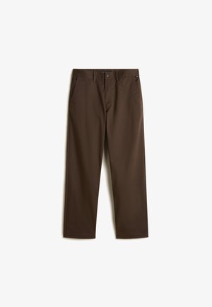Pantalones de algodón marrón con un diseño de pierna recta, que cuentan con bolsillos laterales y un cierre de botón en la cintura. Textura suave, con un detalle mínimo.