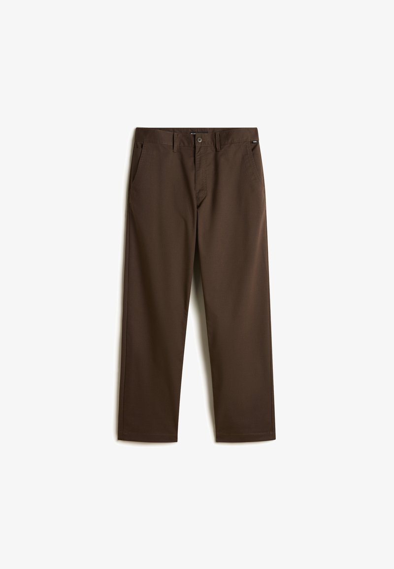 Pantaloni in cotone marrone con design a gamba dritta, dotati di tasche laterali e chiusura con bottone in vita. Tessuto liscio, dettagli minimi.